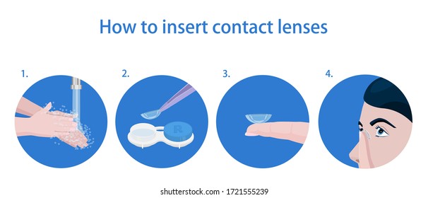 The sequence of putting on contact lenses for vision correction, icons with actions. Vector illustration