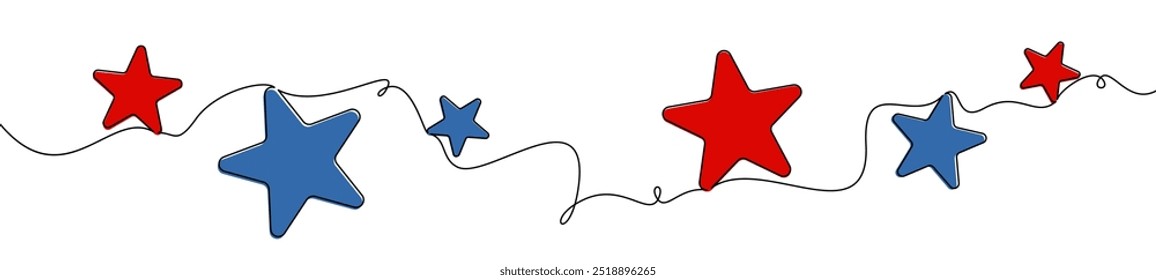 Eine Abfolge roter und blauer Sterne, die durch fließende schwarze Linien auf weißem Hintergrund verbunden sind. Perfekt für Wahl- oder patriotische Themen.