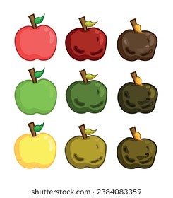 Secuencia de manzanas maduras a podridas en varios colores. La fruta descomponedora sobre un fondo blanco.