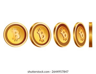 Sequence showing single golden bitcoin coin from five different rotation angles on white background