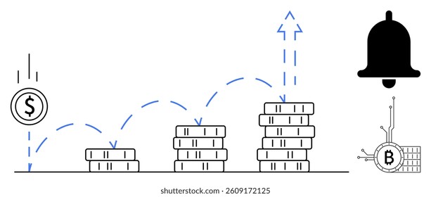 A sequence of stacked coin piles increasing in height depicts investment growth. A dollar coin drops and accrues, while a bitcoin stack connects to a digital network. A notification bell symbolizes