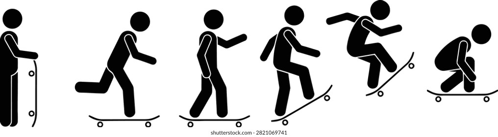 A sequence of stick figure icons showing the progression of a skateboarder performing a jump trick on a skateboard