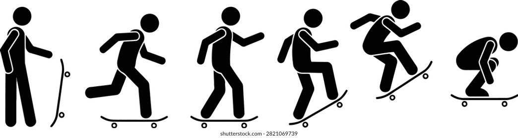 A sequence of stick figure illustrations showing the step by step progression of a skateboarder performing an ollie trick