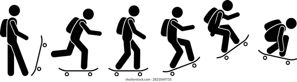 A sequence of stick figure silhouettes showing the step by step progression of a skateboarder performing an ollie trick