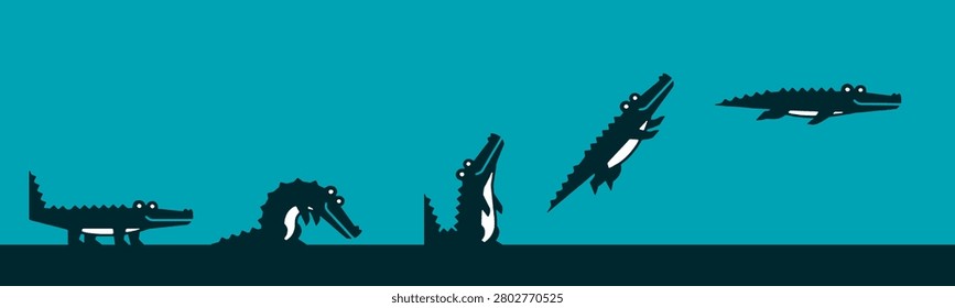 A sequence of stylized crocodiles in silhouette, depicted in various stages of movement, from standing to leaping out of dark water against a teal background.
