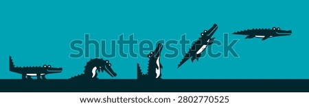 A sequence of stylized crocodiles in silhouette, depicted in various stages of movement, from standing to leaping out of dark water against a teal background.