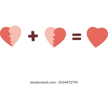 Sequence of three hearts with symbols between them: broken heart plus broken heart equals whole heart, representing love or healing.