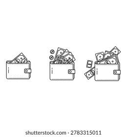 A sequence of three simple vector icons illustrating a wallet progressing from holding a little money to being overflowing with cash and coins.