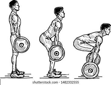 Sequence of a weightlifter doing a deadlift exercise. Hand drawn vector illustration.