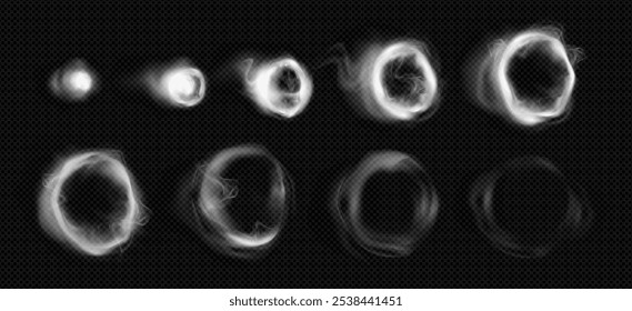 Sequence of white smoke rings from small point into expanding circular formations. Realistic 3d vector set of tornado shaped hookah and tobacco cigarette smog circle for vape tricks visualization