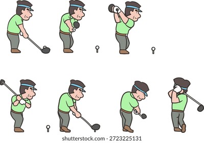 Conjunto de ilustración secuencial de un golfista masculino de mediana edad del columpio del conductor de la Dirección al final (vista posterior)