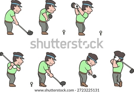 Sequential Illustration Set of a Middle-Aged Male Golfer's Driver Swing from Address to Finish (Back View)