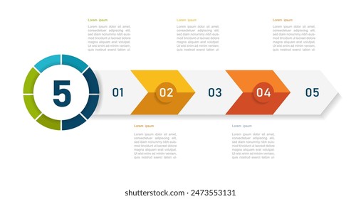 A sequential infographic of 5 consecutive stages or steps, options with modern icons reflecting the process. Modern infographics for business presentations