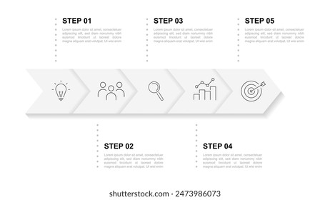 Una infografía secuencial de 5 etapas o pasos consecutivos, opciones con iconos modernos que reflejan el proceso. Infografías modernas para presentaciones de negocios