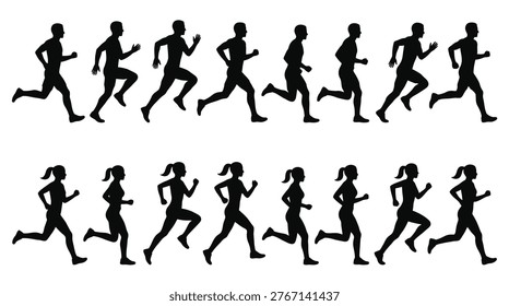 Sequential series of runners in mid-stride, showing motion and form. Group of athletes for sports theme.
