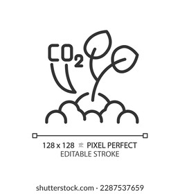 Sequestering carbon linear icon. CO2 storage. Organic farming. Regenerative agriculture. Global warming. Thin line illustration. Contour symbol. Vector outline drawing. Editable stroke