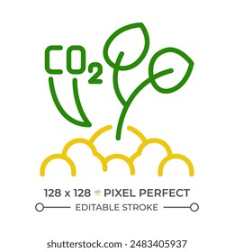 Sequestering carbon two color line icon. CO2 storage. Organic farming. Regenerative agriculture. Global warming bicolor outline symbol. Duotone linear pictogram. Isolated illustration. Editable stroke