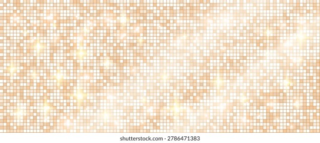 Sequin background in soft gradient glitter for wedding invite. Warm sequin mosaic on a pale background by gentle light. Vector disco ball backdrop with mirror tile shimmer for Christmas promo bg.