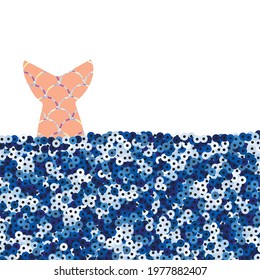 Sequin blue ocean with mermaid tail or fish. Trendy childish graphic. Vector hand drawn illustration.