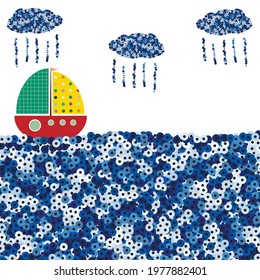 Sequin blue ocean with sailing boat and rain clouds. Trendy childish graphic. Vector hand drawn illustration.