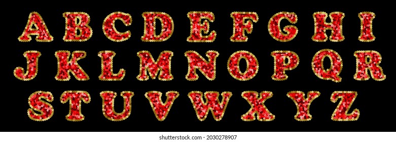 Sequin Red and Gold Vector Alphabet. Festive letters for logotypes, patches, birthday and holiday compositions and greeting cards.