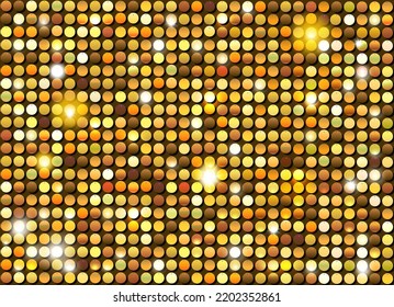 Sequined gold texture. Golden sequins with glitter circles. Shining glittering disco background. Mosaic with light spots club screen