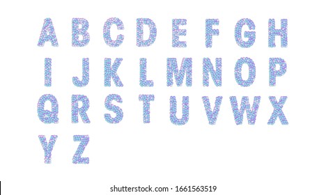 Sequins alphabet typography. Isolated glitter font decoration. Colorful sequins vector background. Luxury elements.