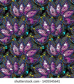 Sequins Beads Leaves Vector Seamless Pattern