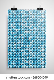 Sequins blue poster template hanging on clip binders. Vector creative background with shiny sparkles, glitters. Blue dots with gradient effect trendy backdrop. Vibrant shiny magazine cover idea.