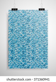 Sequins blue poster template hanging on clip binders. Vector creative background with shiny sparkles, glitters.Blue dots with gradient effect trendy backdrop. Vibrant shiny magazine cover idea.