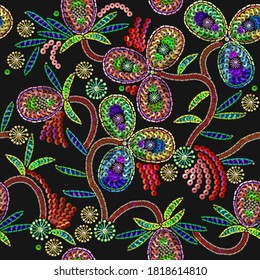 Sequins. Embroidery art. Fashionable design for dresses, handkerchief, clothes. Fashion floral seamless pattern. Realistic precious flowers. Jewelry background. Template for clothing, fabric, textile 