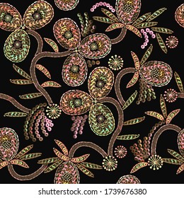 Sequins. Fashion floral seamless pattern. Fashionable design for dresses, handkerchief, clothes. Realistic precious flowers. Jewelry background. Template for clothing, fabric, textile. Embroidery art 