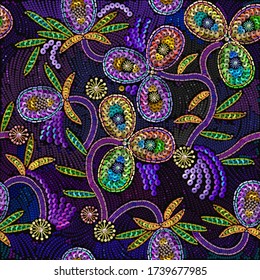 Sequins. Fashion floral seamless pattern. Realistic precious flowers. Jewelry background. Template for clothing, fabric, textile. Embroidery art. Fashionable design for dresses, handkerchief, clothes 