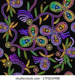 Sequins. Fashion floral seamless pattern. Embroidery art. Fashionable design for dresses, handkerchief, clothes.Realistic precious flowers. Jewelry background. Template for clothing, fabric, textile 