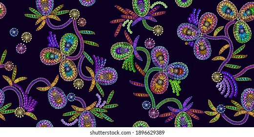 Sequins. Fashion horizontal seamless pattern. Jewelry background. Template for clothing, fabric. Embroidery art. Fashionable design for dresses, handkerchief, clothes.Realistic precious flowers 