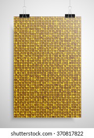 Sequins gold poster template hanging on clip binders. Vector creative background with shiny sparkles, glitters. Golden dots with gradient effect trendy backdrop. Vibrant shiny magazine cover idea.
