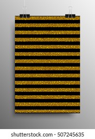 Sequins gold poster template parallel horizontal lines. Vector creative background with shiny sparkles, glitters. Golden dots with gradient effect trendy backdrop. Vibrant shiny magazine cover idea.