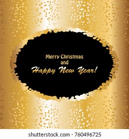 Sequins on a gold background. Shining golden stars on a black background. Merry Christmas and Happy New Year!