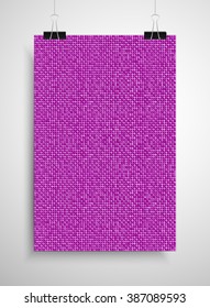 Sequins pink poster template hanging on clip binders. Vector creative background with shiny sparkles, glitters. Pink dots with gradient effect trendy backdrop. Vibrant shiny magazine cover idea.