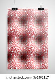 Sequins red poster template hanging on clip binders. Vector creative background with shiny sparkles, glitters. Red dots with gradient effect trendy backdrop. Vibrant shiny magazine cover idea.
