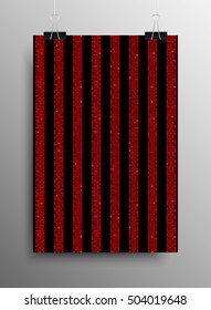 Sequins red poster template parallel vertical lines. Vector creative background with shiny sparkles, glitters. Red dots with gradient effect trendy backdrop. Vibrant shiny magazine cover idea.