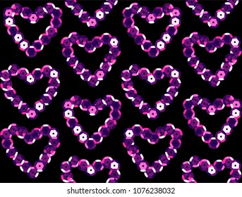 Sequins Seamless Pattern. Decorative seamless background with fabric with round sequins. Seamless pattern with small decorative objects. Vector violet and pink sequins with black background