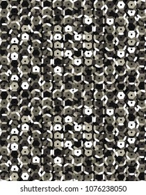 Sequins Seamless Pattern. Decorative seamless background with fabric with round sequins. Seamless pattern with small decorative objects. Vector silver sequins with black background