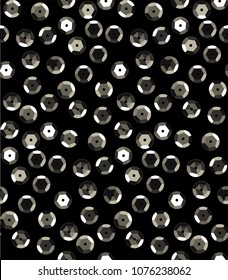 Sequins Seamless Pattern. Decorative seamless background with fabric with round sequins. Seamless pattern with small decorative objects. Vector silver sequins with black background svg