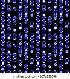 Sequins Seamless Pattern. Decorative seamless background with fabric with round sequins. Seamless pattern with small decorative objects. Vector blue sequins with black background