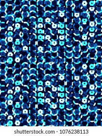 Sequins Seamless Pattern. Decorative seamless background with fabric with round sequins. Seamless pattern with small decorative objects. Vector blue sequins with black background