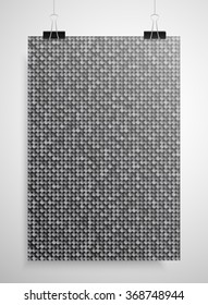 Sequins silver poster template hanging on clip binders. Vector creative background with shiny sparkles, glitters. Silver dots with gradient effect trendy backdrop. Vibrant shiny magazine cover idea.