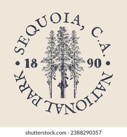 Sequoia National Forest, California, USA Silhouette Postal Passport. Stamp Round Vector Icon. Design Travel Postmark. 