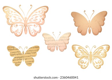 Ser Butterfly silhouette papercut from parchment with music vintage decoration scrapbook element isolated on white background.