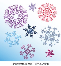 Ser of colorful snowflakes. Vector backdrop.